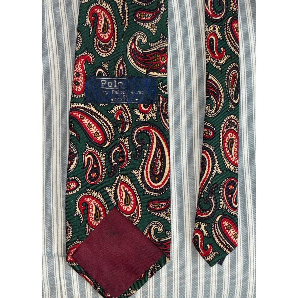 Vtg. Polo Ralph Lauren 100% silk Neck Tie Green with Red Paisley HANDMADE USA